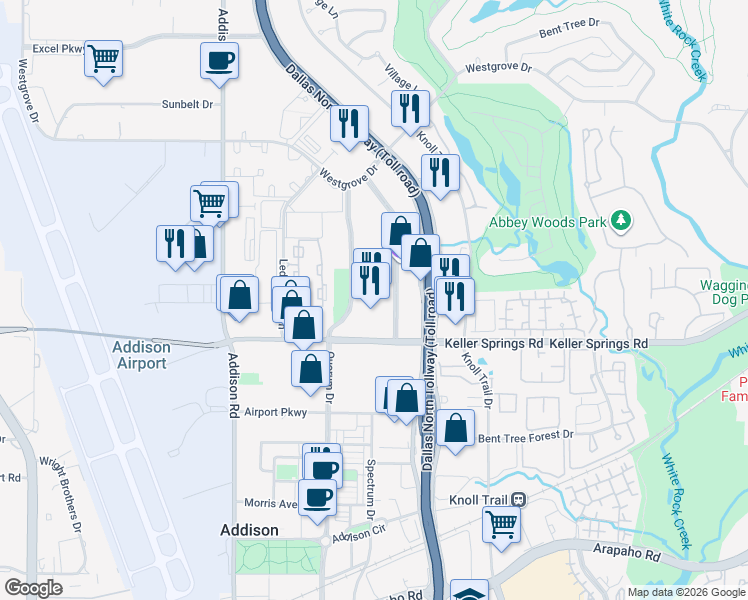 map of restaurants, bars, coffee shops, grocery stores, and more near 5057 Keller Springs Road in Addison