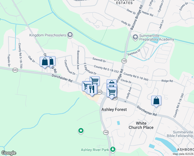 map of restaurants, bars, coffee shops, grocery stores, and more near 121 Sawmill Court in Summerville
