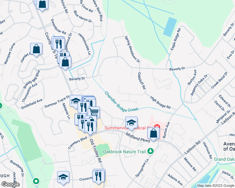 map of restaurants, bars, coffee shops, grocery stores, and more near 157 Oakbluff Road in Summerville