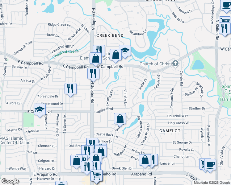map of restaurants, bars, coffee shops, grocery stores, and more near 3317 Excalibur Circle in Garland