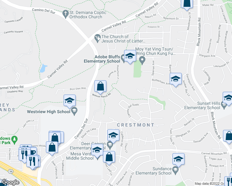 map of restaurants, bars, coffee shops, grocery stores, and more near 8403 Watson Ranch Road in San Diego
