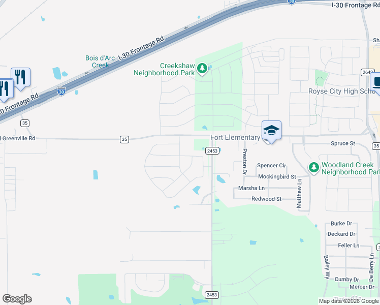 map of restaurants, bars, coffee shops, grocery stores, and more near 126 Farm to Market Road 2453 in Royse City