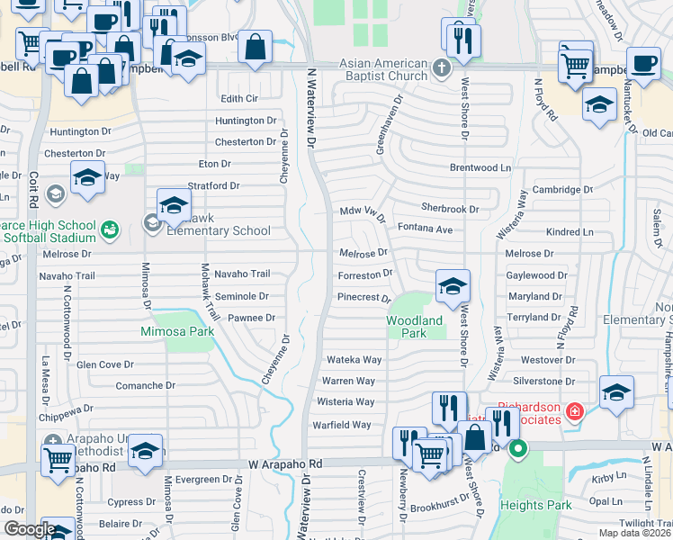 map of restaurants, bars, coffee shops, grocery stores, and more near 924 Forreston Drive in Richardson