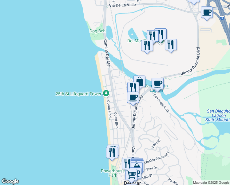 map of restaurants, bars, coffee shops, grocery stores, and more near 236 25th Street in Del Mar