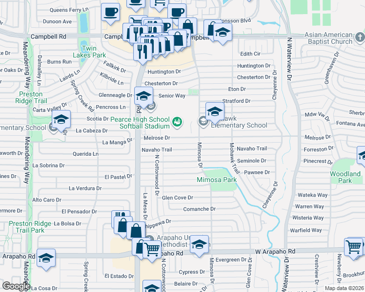 map of restaurants, bars, coffee shops, grocery stores, and more near 1310 Navaho Trail in Richardson