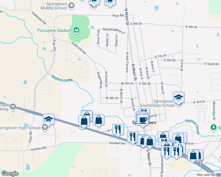 map of restaurants, bars, coffee shops, grocery stores, and more near 420 North Cedar Street in Springtown