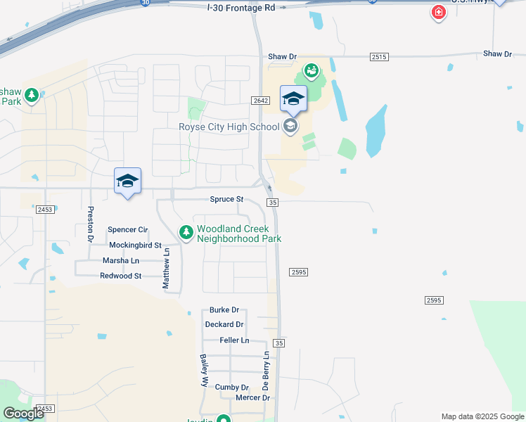 map of restaurants, bars, coffee shops, grocery stores, and more near 3424 Spruce Street in Royse City