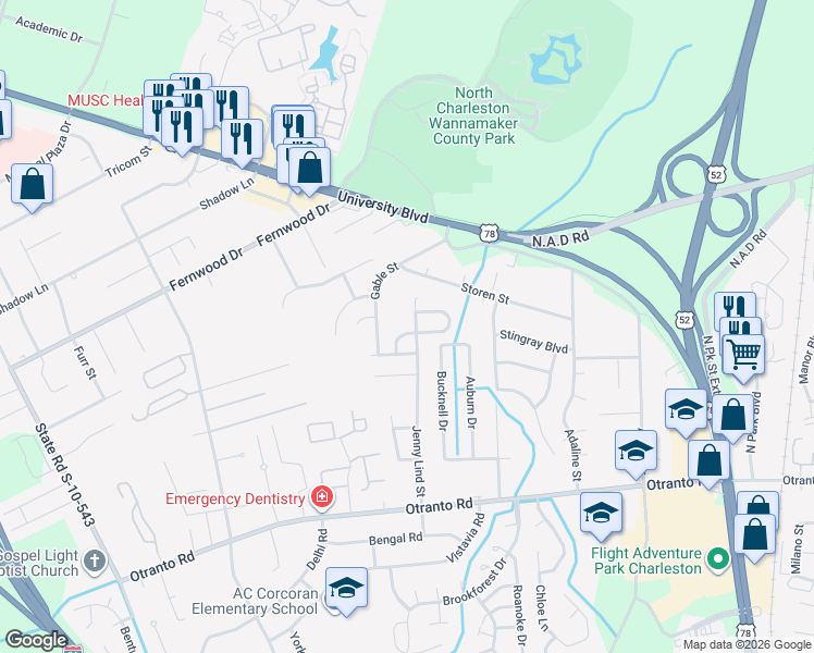 map of restaurants, bars, coffee shops, grocery stores, and more near 8847 Jenny Lind Street in North Charleston