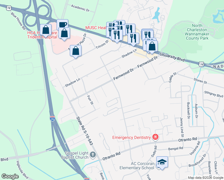 map of restaurants, bars, coffee shops, grocery stores, and more near 8931 High Cotton Court in North Charleston
