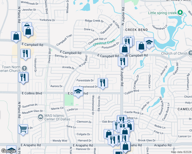 map of restaurants, bars, coffee shops, grocery stores, and more near 1930 Forestdale Drive in Richardson