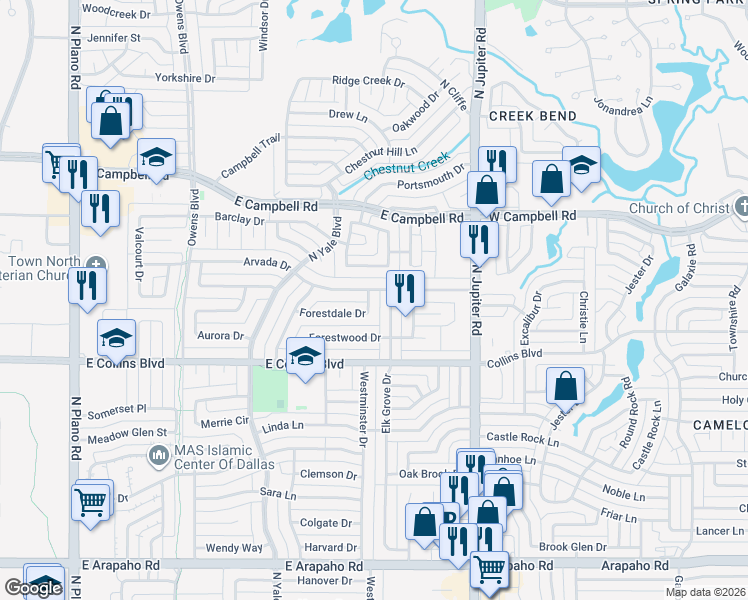 map of restaurants, bars, coffee shops, grocery stores, and more near 1930 Forestdale Drive in Richardson