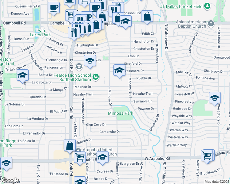 map of restaurants, bars, coffee shops, grocery stores, and more near 1234 Navaho Trail in Richardson