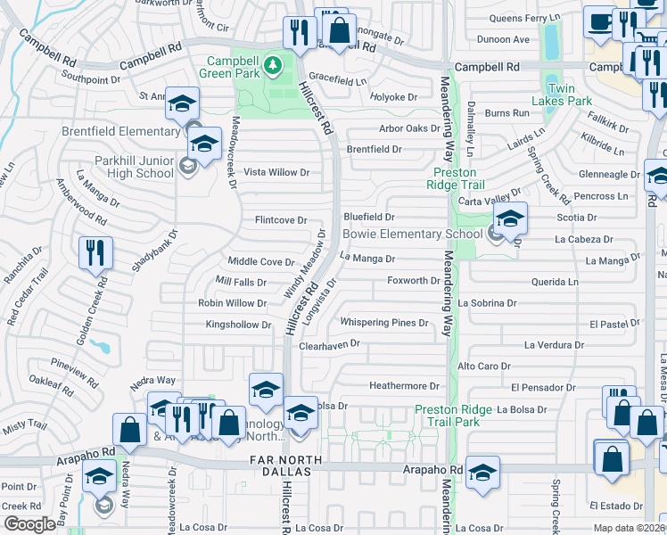 map of restaurants, bars, coffee shops, grocery stores, and more near 15980 Hillcrest Road in Dallas
