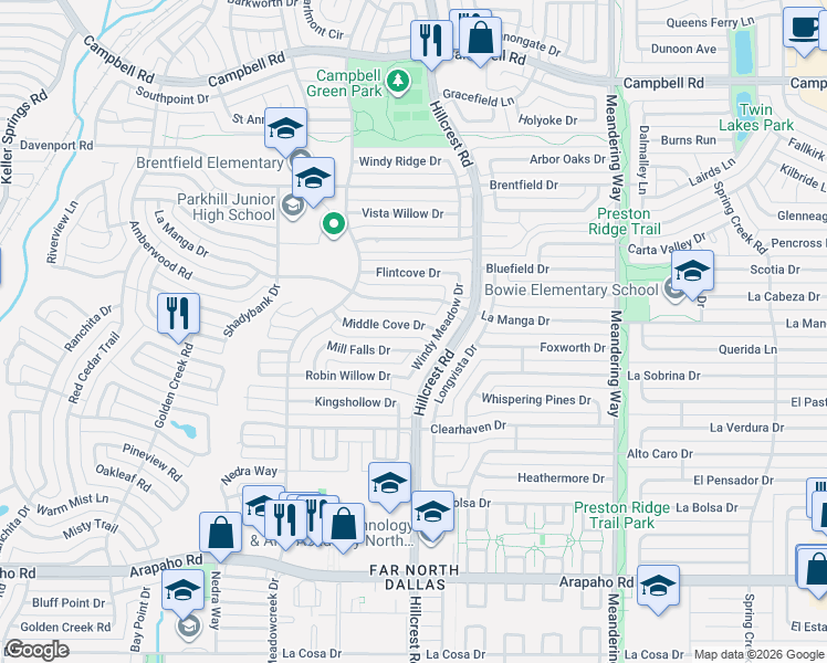 map of restaurants, bars, coffee shops, grocery stores, and more near 6934 Middle Cove Drive in Dallas