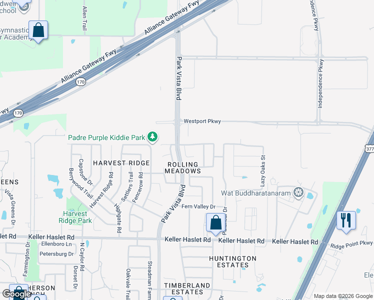 map of restaurants, bars, coffee shops, grocery stores, and more near 13212 Poppy Hill Lane in Fort Worth