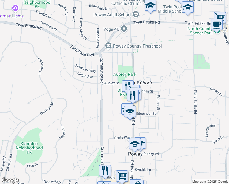 map of restaurants, bars, coffee shops, grocery stores, and more near 14135 York Avenue in Poway