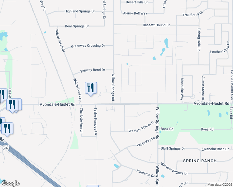 map of restaurants, bars, coffee shops, grocery stores, and more near 13300 Willow Springs Road in Haslet