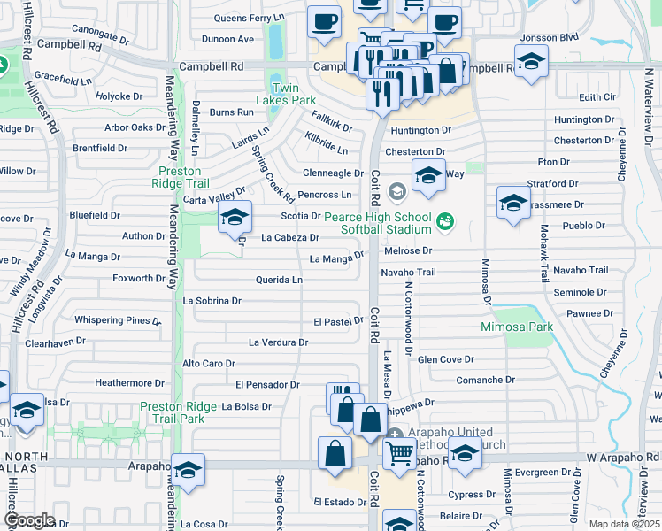 map of restaurants, bars, coffee shops, grocery stores, and more near 7838 La Manga Drive in Dallas