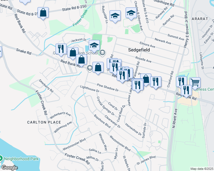map of restaurants, bars, coffee shops, grocery stores, and more near 180 Pineshadow Drive in Goose Creek