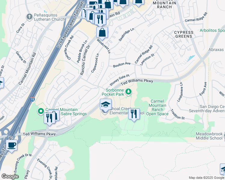 map of restaurants, bars, coffee shops, grocery stores, and more near Ted Williams Parkway in San Diego