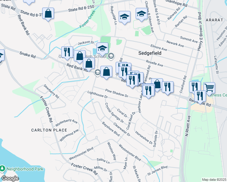 map of restaurants, bars, coffee shops, grocery stores, and more near 180 Pineshadow Drive in Goose Creek