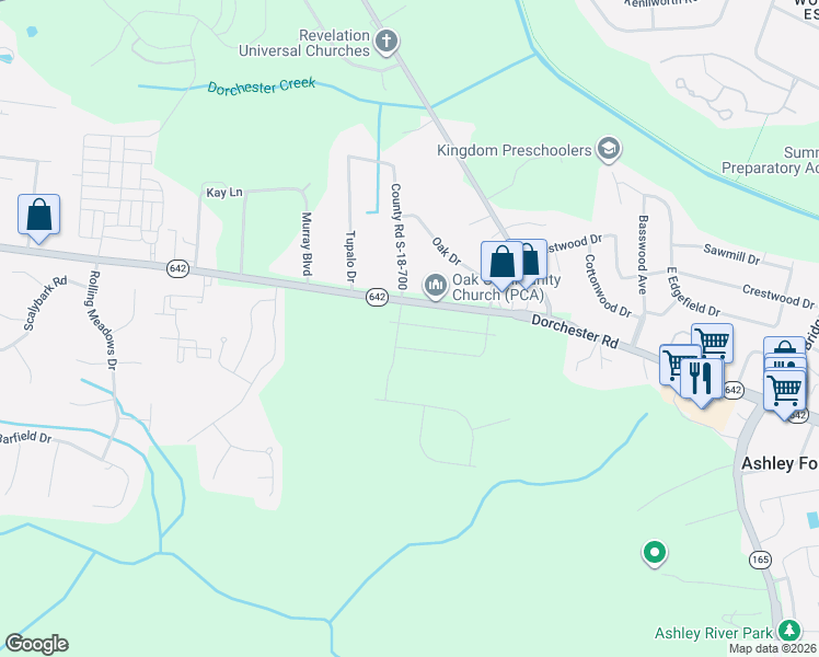 map of restaurants, bars, coffee shops, grocery stores, and more near 10760 Dorchester Road in Summerville