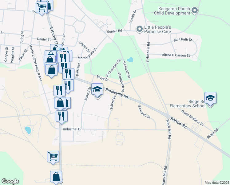 map of restaurants, bars, coffee shops, grocery stores, and more near 466 Riddleville Road in Sandersville