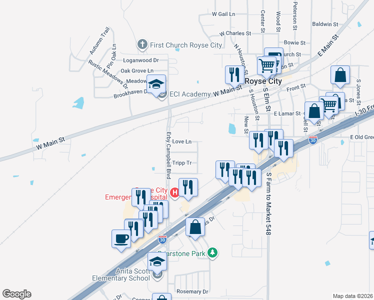 map of restaurants, bars, coffee shops, grocery stores, and more near 624 Skelton Street in Royse City
