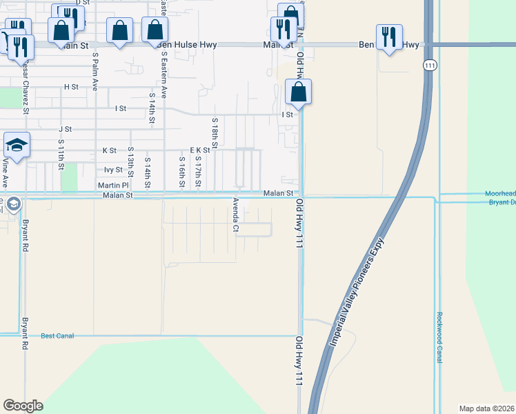 map of restaurants, bars, coffee shops, grocery stores, and more near Zozoa Court in Brawley