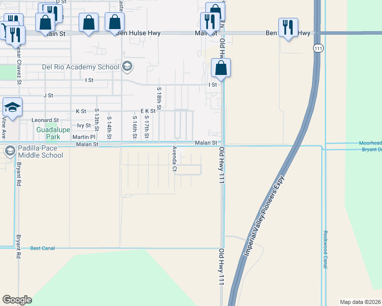 map of restaurants, bars, coffee shops, grocery stores, and more near Zozoa Court in Brawley
