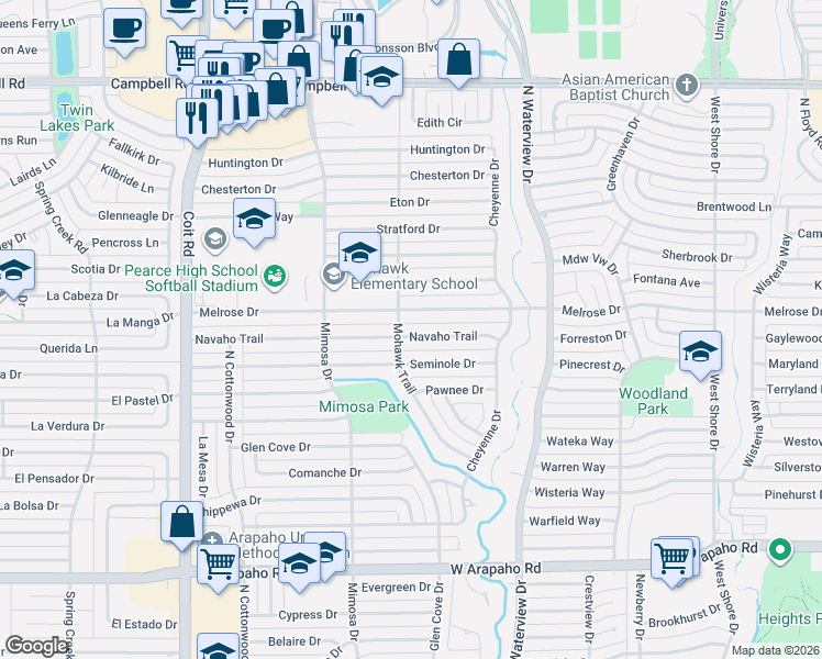 map of restaurants, bars, coffee shops, grocery stores, and more near 1212 Navaho Trail in Richardson