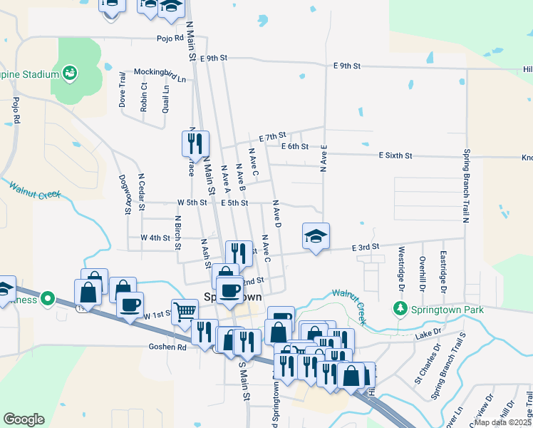 map of restaurants, bars, coffee shops, grocery stores, and more near 404 North Avenue C in Springtown