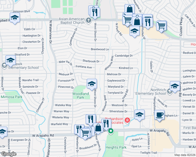 map of restaurants, bars, coffee shops, grocery stores, and more near 1411 Wisteria Way in Richardson