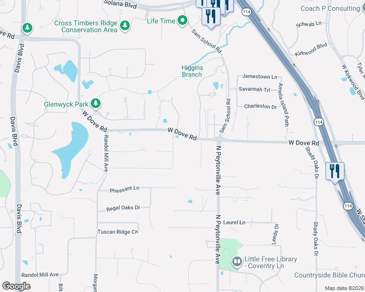 map of restaurants, bars, coffee shops, grocery stores, and more near 1633 Mockingbird Lane in Southlake