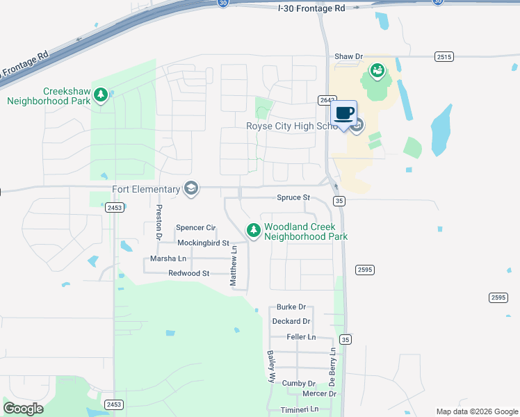 map of restaurants, bars, coffee shops, grocery stores, and more near 3108 Overstreet Lane in Royse City