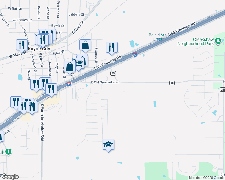 map of restaurants, bars, coffee shops, grocery stores, and more near 820 Joe Bailey Street in Royse City