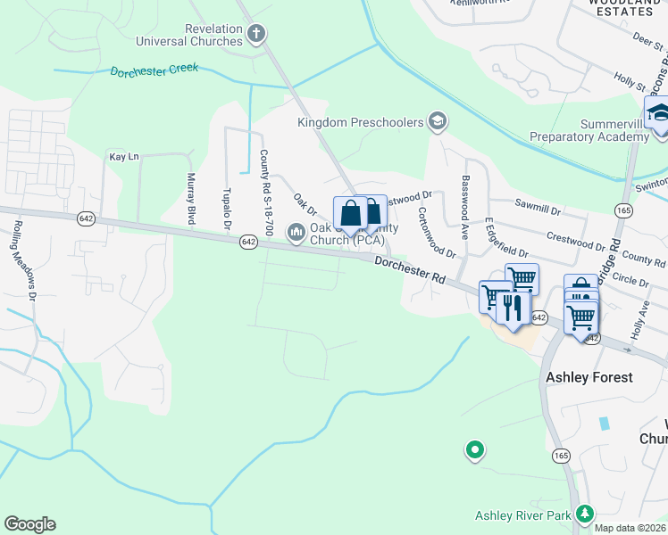 map of restaurants, bars, coffee shops, grocery stores, and more near 10744-10760 Dorchester Road in Summerville
