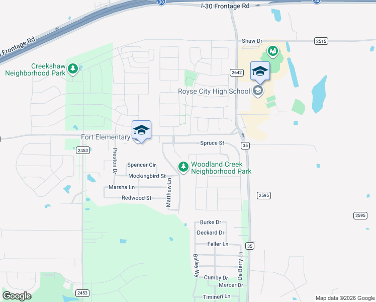 map of restaurants, bars, coffee shops, grocery stores, and more near 3108 Overstreet Lane in Royse City