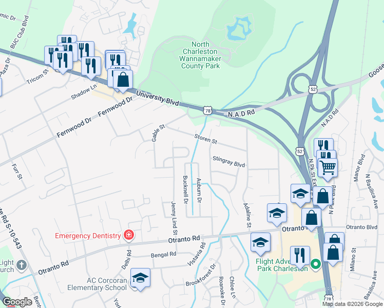 map of restaurants, bars, coffee shops, grocery stores, and more near 2426 Thoreau Street in North Charleston