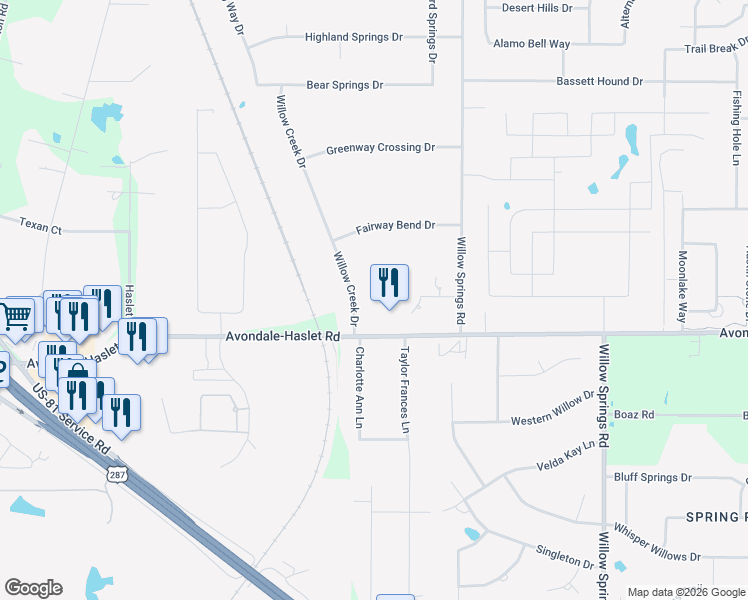 map of restaurants, bars, coffee shops, grocery stores, and more near 13224 Willow Creek Drive in Haslet
