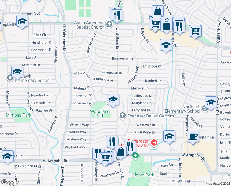 map of restaurants, bars, coffee shops, grocery stores, and more near 800 Edgefield Drive in Richardson