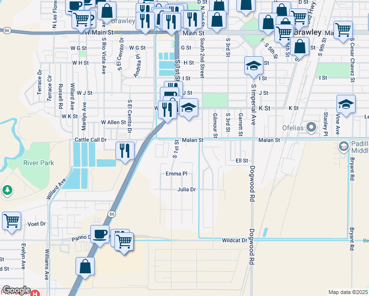 map of restaurants, bars, coffee shops, grocery stores, and more near 180 Malan Street in Brawley