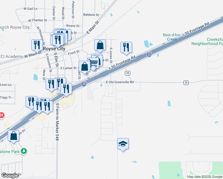 map of restaurants, bars, coffee shops, grocery stores, and more near 1927 Hellams Lane in Royse City