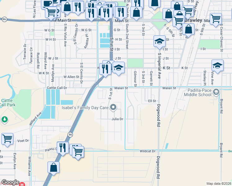 map of restaurants, bars, coffee shops, grocery stores, and more near 180 Malan Street in Brawley