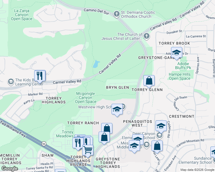 map of restaurants, bars, coffee shops, grocery stores, and more near 8214 Bryn Glen Way in San Diego