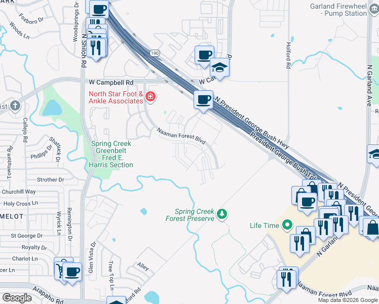 map of restaurants, bars, coffee shops, grocery stores, and more near 6361 Naaman Forest Boulevard in Garland