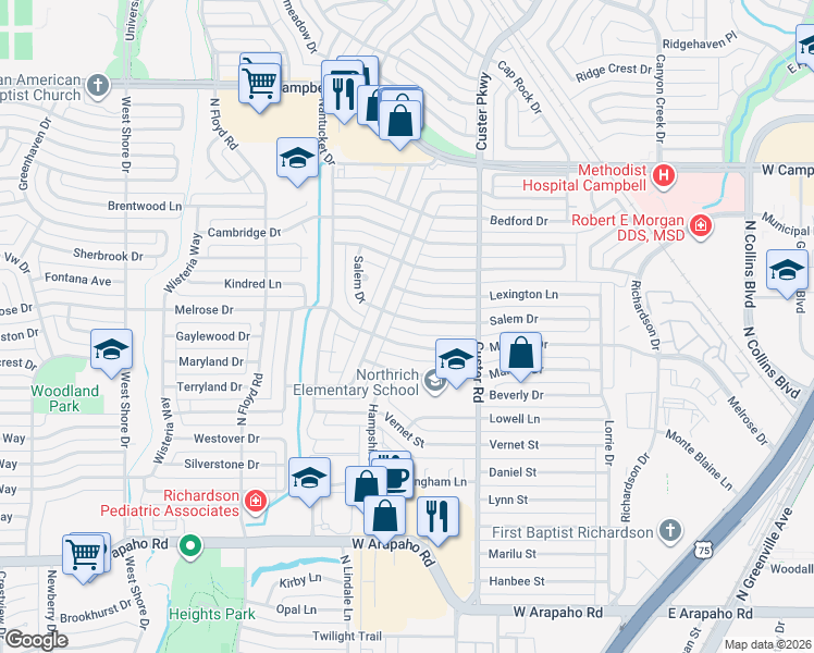 map of restaurants, bars, coffee shops, grocery stores, and more near 525 Salem Drive in Richardson