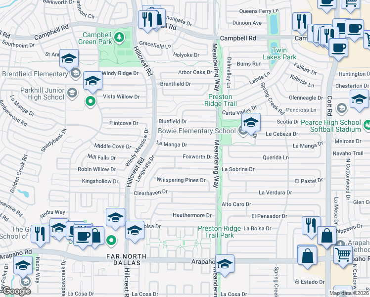 map of restaurants, bars, coffee shops, grocery stores, and more near 7317 Foxworth Drive in Dallas