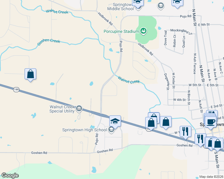 map of restaurants, bars, coffee shops, grocery stores, and more near 401 Pojo Road in Springtown