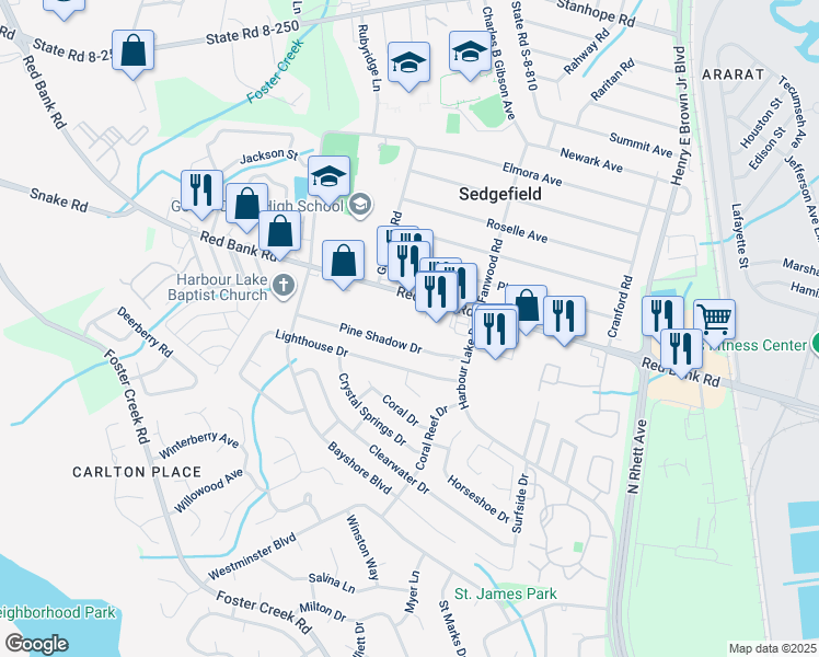 map of restaurants, bars, coffee shops, grocery stores, and more near 1110 Harbour Lake Drive in Goose Creek